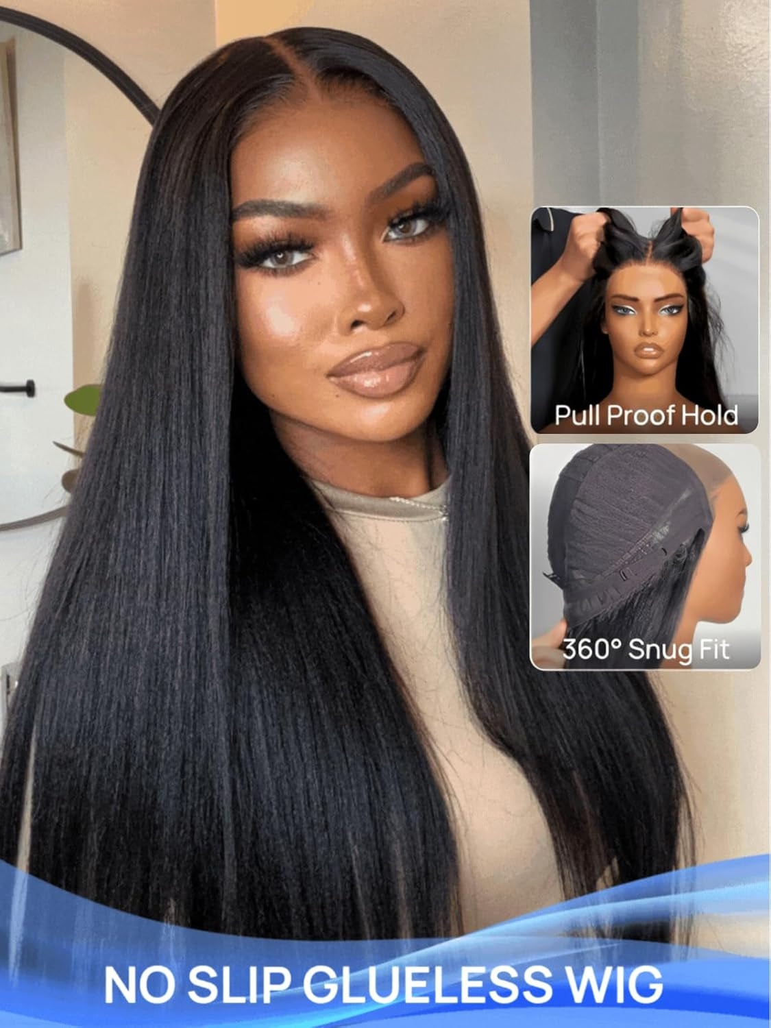 Bye Bye Slip Wig Black Yaki Straight 7X5 Lace Front Drawstring Wigs Human Hair Flexible Mesh Cap with Secure Silicone Strips Bye Bye Knots Glueless Wig Pre Plucked Pre Cut 16 Inch