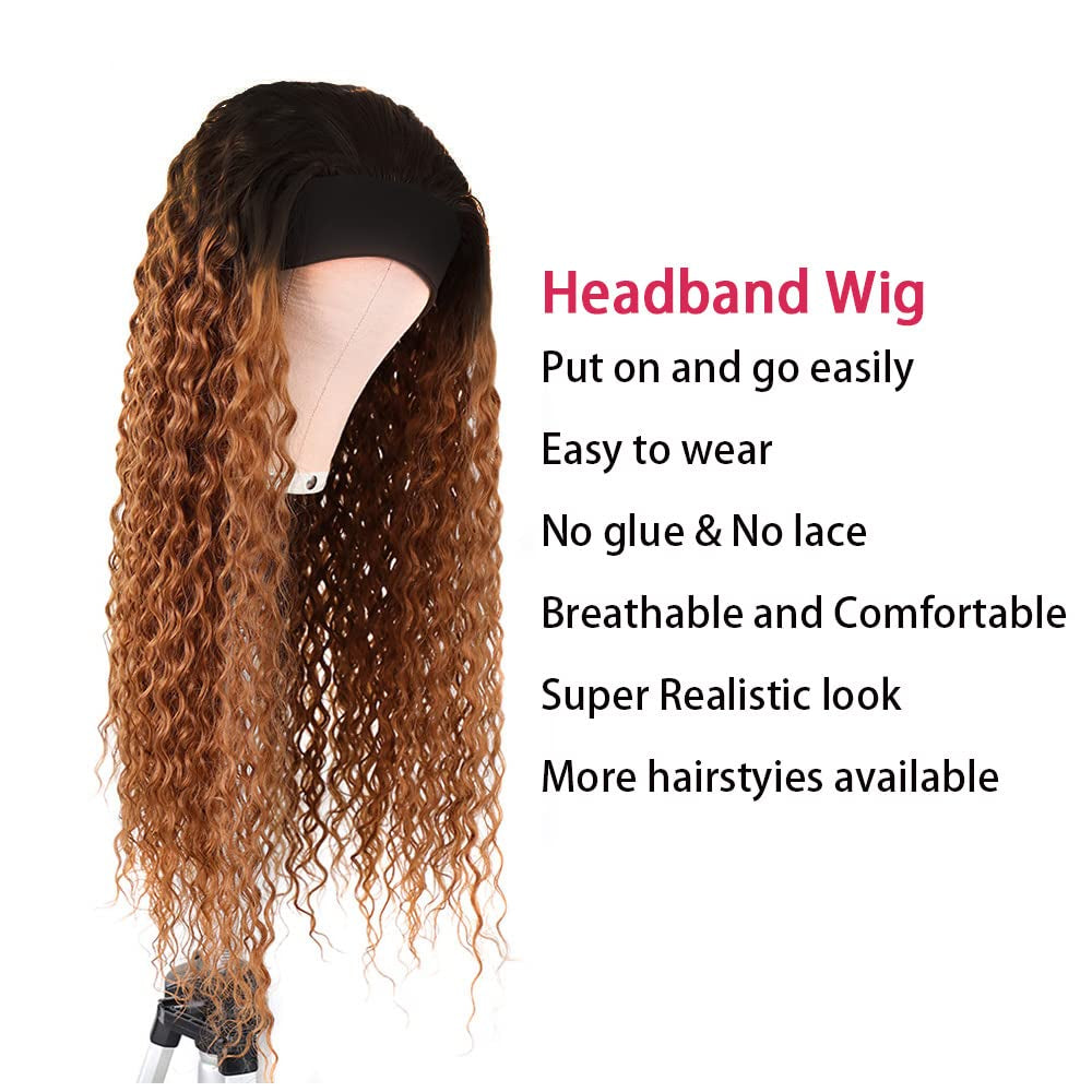 1B30 Deep Wave Headband Wig Ombre Brown Human Hair Headband Wig 130% Density Grade 8A Brazilian Remy Hair Machine Made Wigs Dark Brown Color 16 Inch