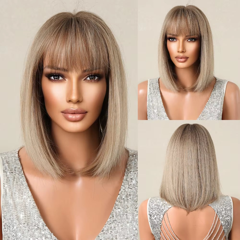 Brown to Blonde Ombre Synthetic Hair Wigs Short Bob Natural Wigs with Bangs for Women Heat Resistant Cosplay Wigs