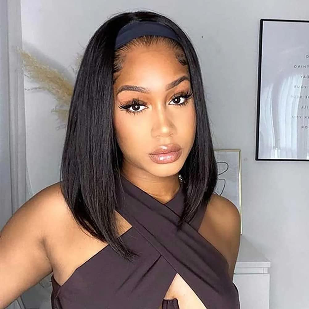 Headband Wig Human Hair Straight Brazilian Virgin Human Hair Wigs 180% Density for Black Women 10 Inch