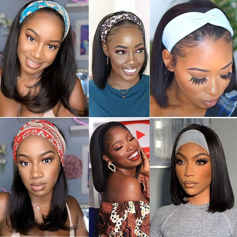 Headband Wig Human Hair Straight Brazilian Virgin Human Hair Wigs 180% Density for Black Women 10 Inch