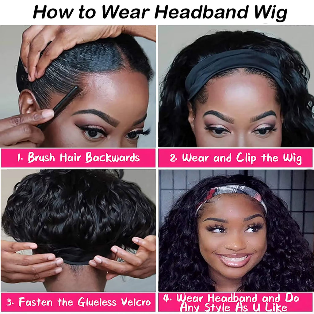Headband Human Hair Wig No Glue Brazilian Human Hair Wig 180% Density Deep Curly Headband Wig for Women Human Hair Wig