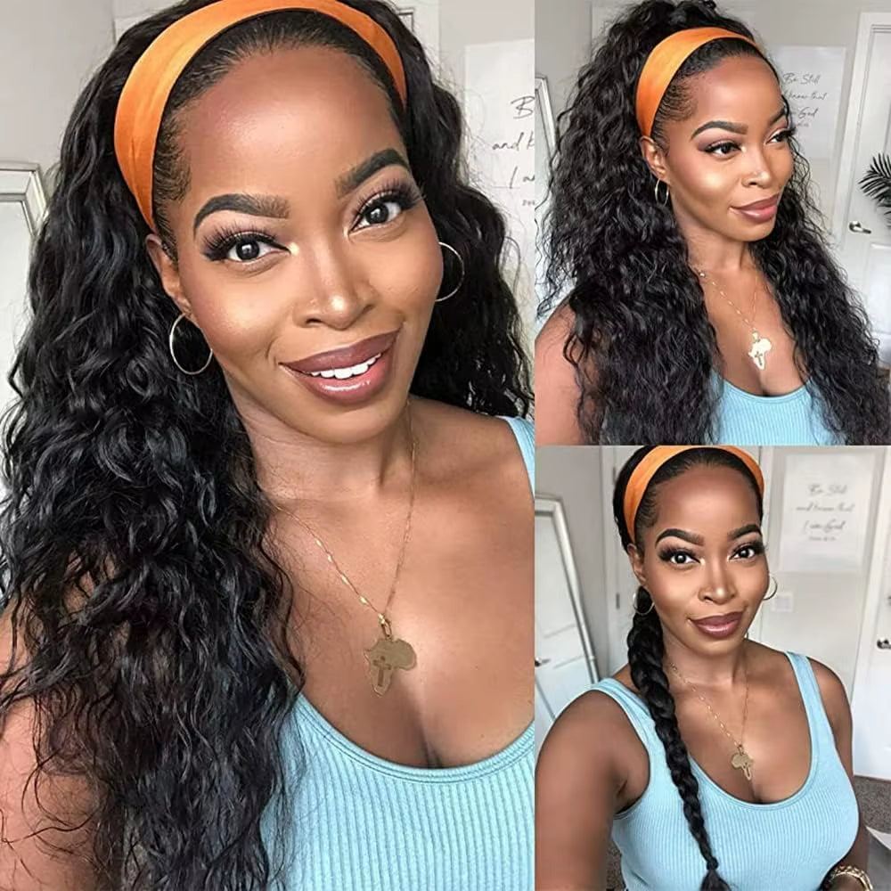 Headband Human Hair Wig No Glue Brazilian Human Hair Wig 180% Density Deep Curly Headband Wig for Women Human Hair Wig