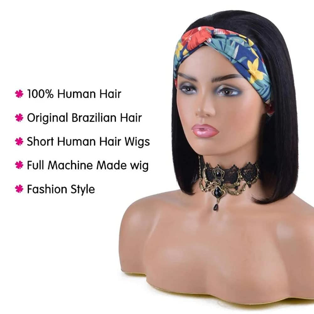 Headband Wig Human Hair Straight Brazilian Virgin Human Hair Wigs 180% Density for Black Women 10 Inch