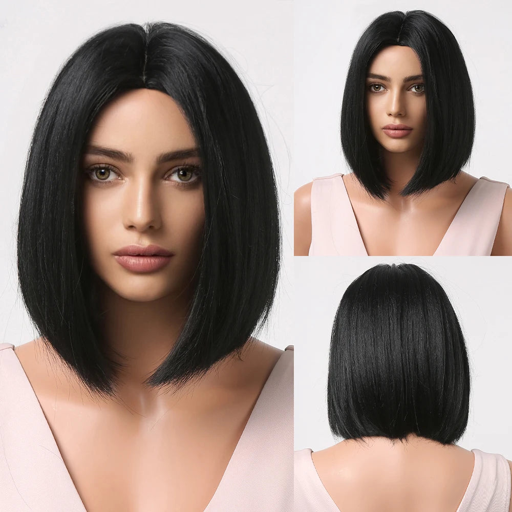 Bob Short Straight Synthetic Wigs with Bangs Black Hair Wigs for Women Daily Cosplay Party Wigs Heat Resistant