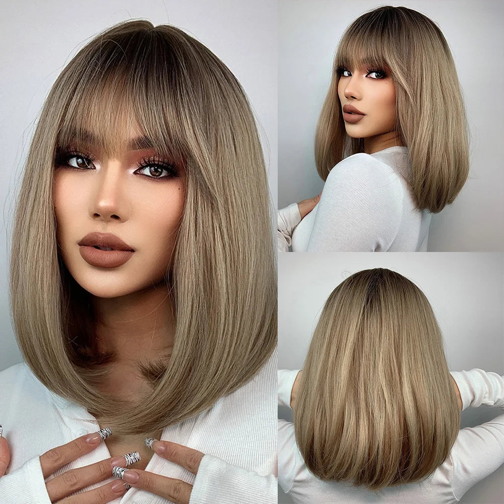 Brown to Blonde Ombre Synthetic Hair Wigs Short Bob Natural Wigs with Bangs for Women Heat Resistant Cosplay Wigs