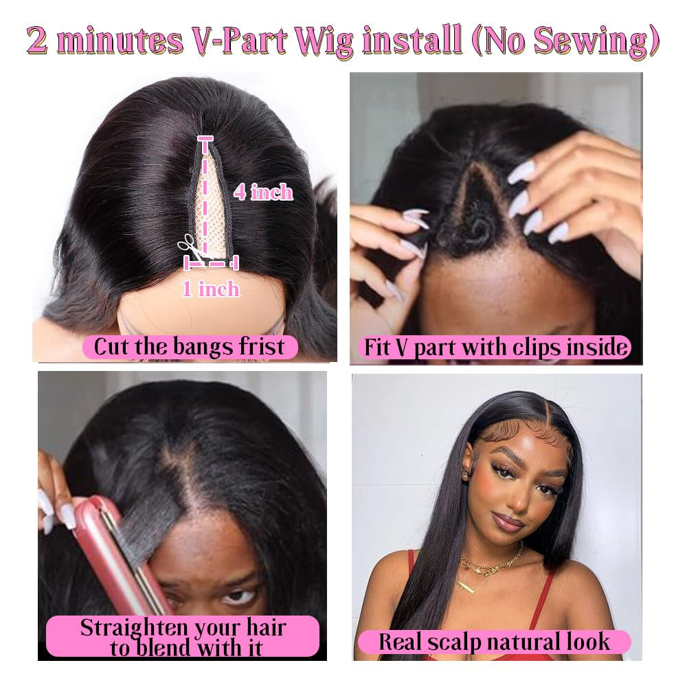 V Part Wigs Human Hair No Leave Out Lace Front Wigs Upgrade U Part Wigs V Shape Wigs Brazilian Virgin Straight Human Hair Wigs for Women 180% Density Natural Black 18Inch