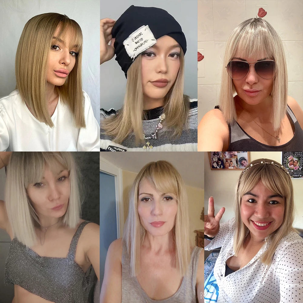 Brown to Blonde Ombre Synthetic Hair Wigs Short Bob Natural Wigs with Bangs for Women Heat Resistant Cosplay Wigs