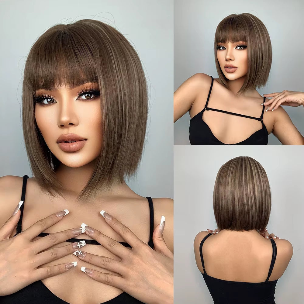 Brown to Blonde Ombre Synthetic Hair Wigs Short Bob Natural Wigs with Bangs for Women Heat Resistant Cosplay Wigs