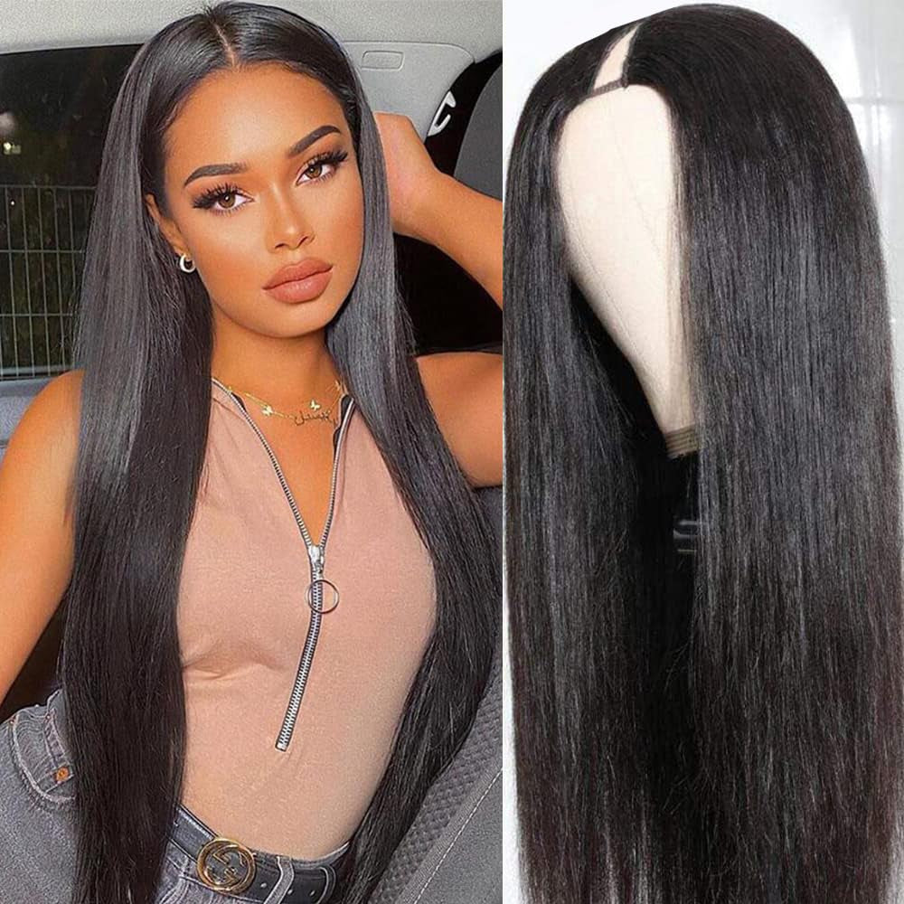 V Part Wigs Human Hair No Leave Out Lace Front Wigs Upgrade U Part Wigs V Shape Wigs Brazilian Virgin Straight Human Hair Wigs for Women 180% Density Natural Black 18Inch