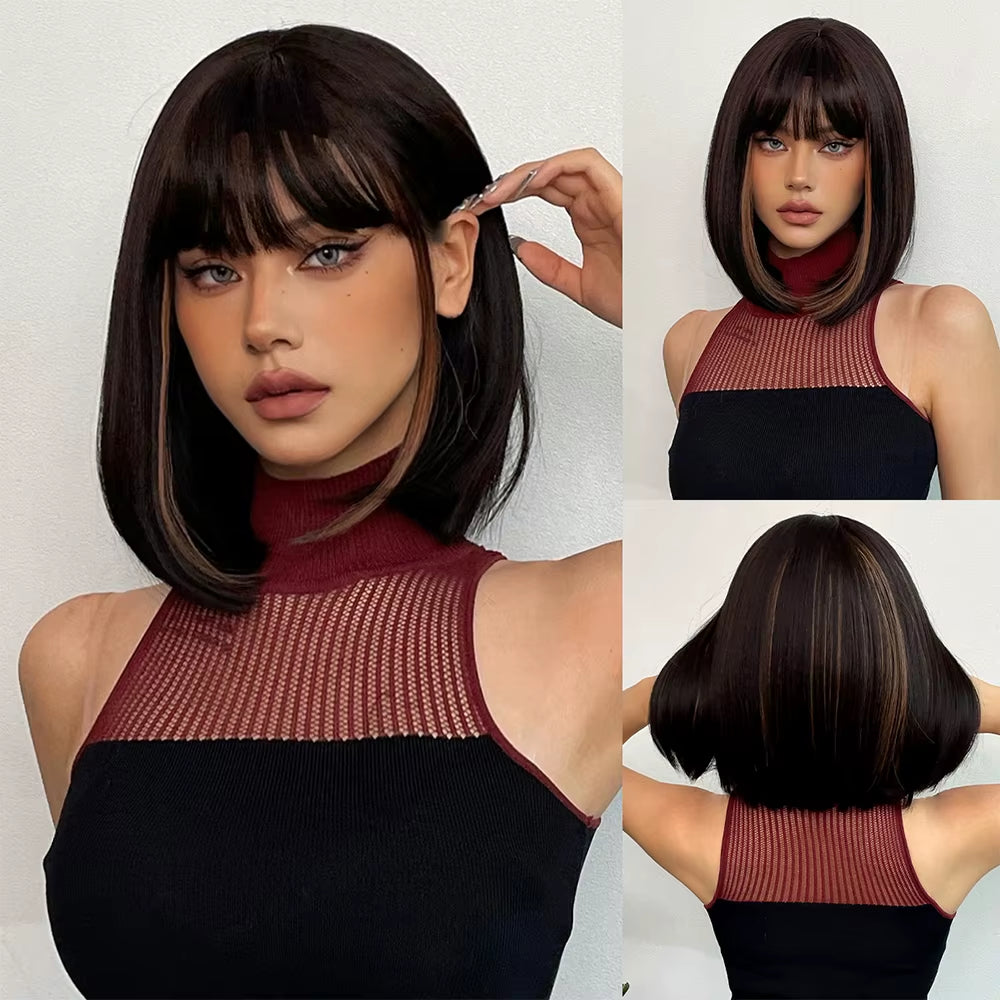 Bob Short Straight Synthetic Wigs with Bangs Black Hair Wigs for Women Daily Cosplay Party Wigs Heat Resistant