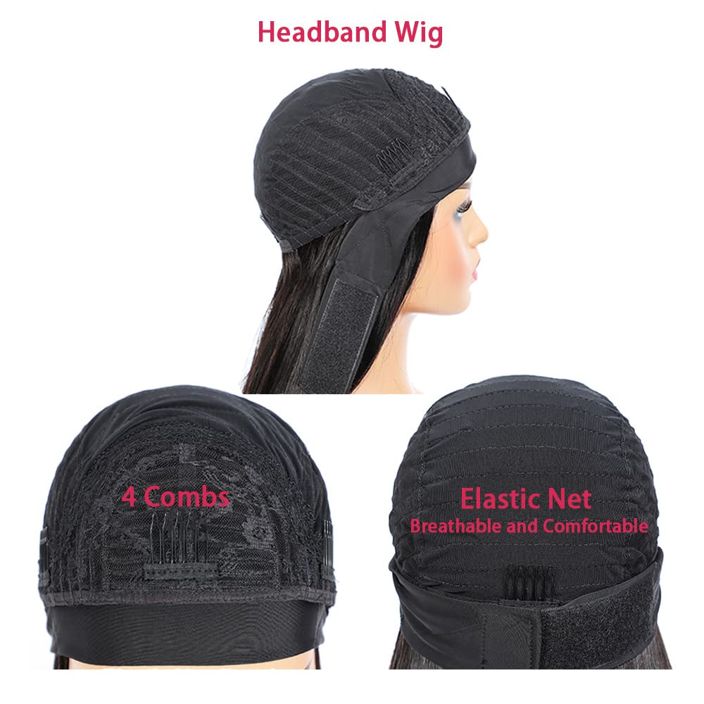 1B30 Deep Wave Headband Wig Ombre Brown Human Hair Headband Wig 130% Density Grade 8A Brazilian Remy Hair Machine Made Wigs Dark Brown Color 16 Inch