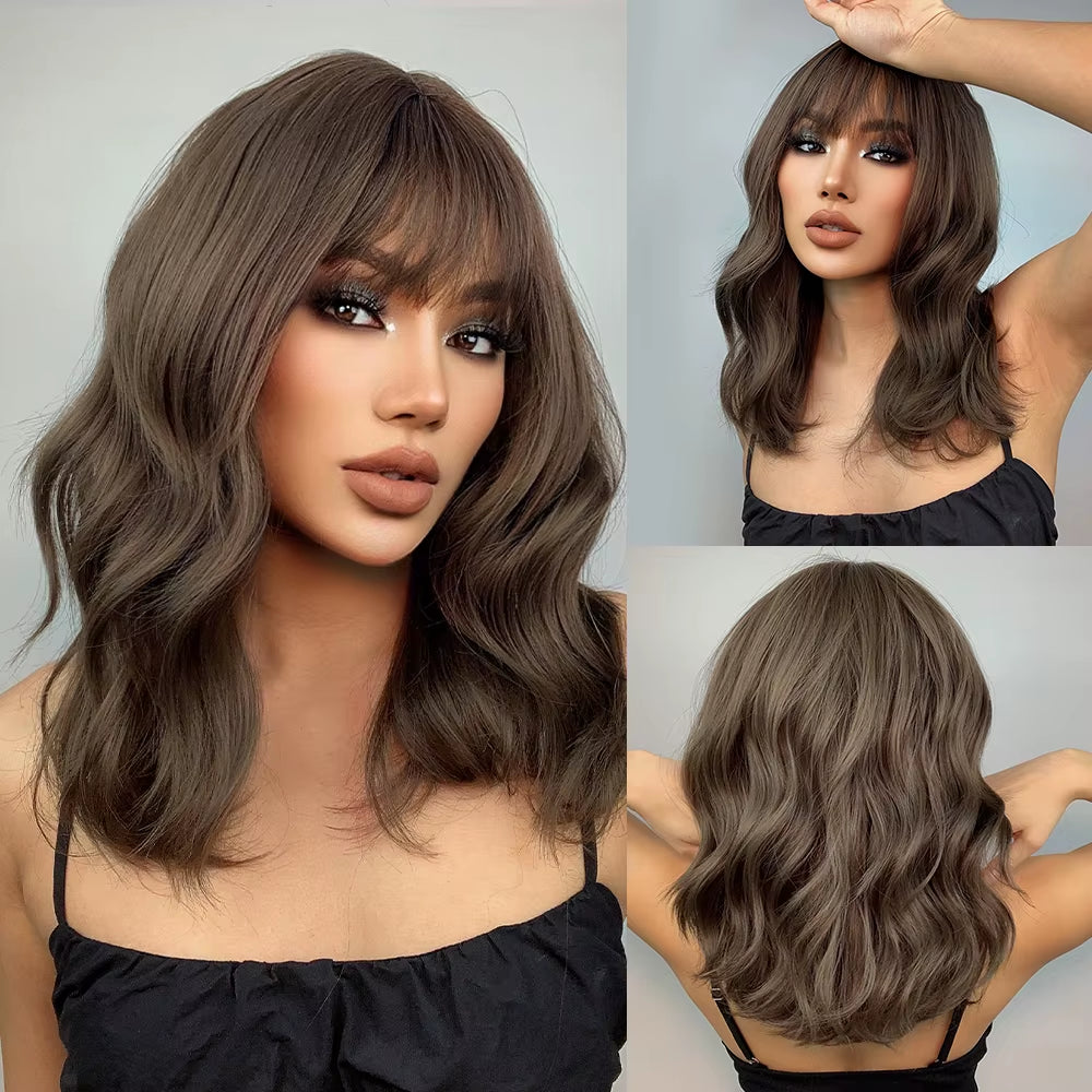 Brown to Blonde Ombre Synthetic Hair Wigs Short Bob Natural Wigs with Bangs for Women Heat Resistant Cosplay Wigs