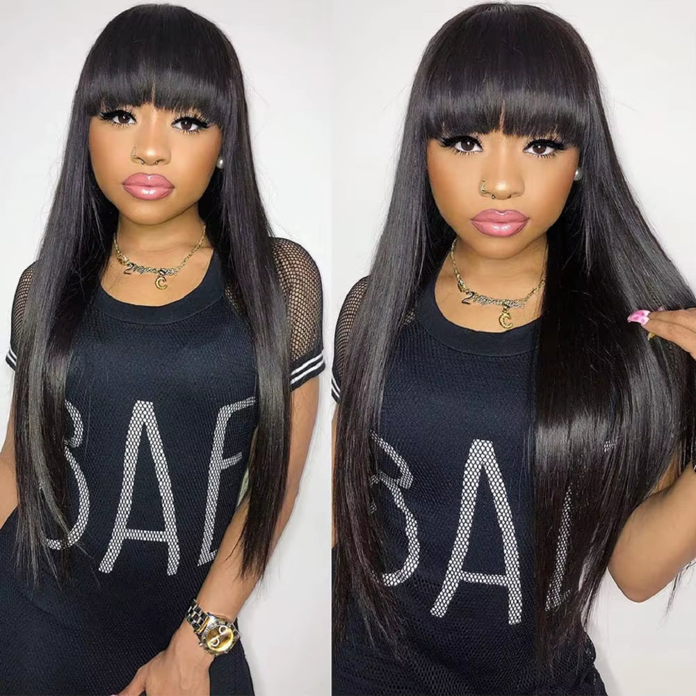 Straight Human Hair Wigs with Bangs Full Machine Made Wig Cheap Brazilian Hair Wigs Short Bob Wigs 250 Density Wigs
