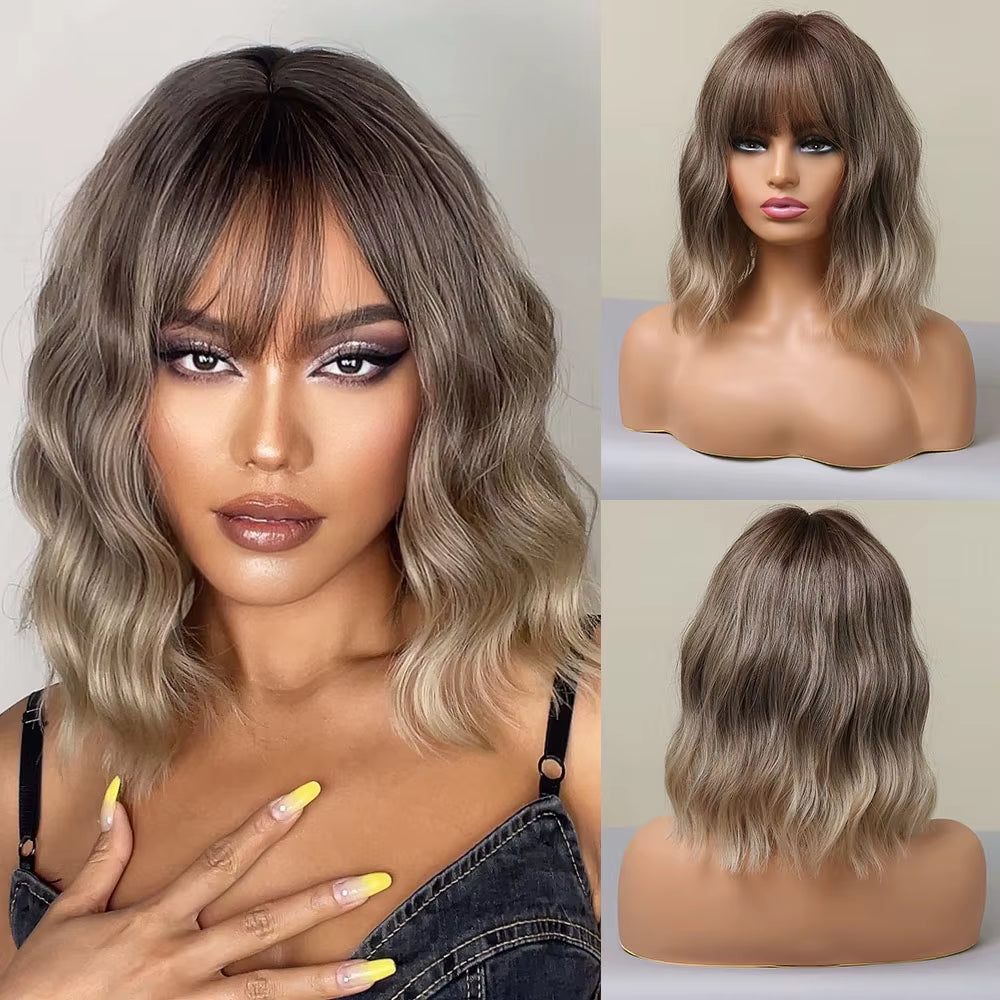 Brown to Blonde Ombre Synthetic Hair Wigs Short Bob Natural Wigs with Bangs for Women Heat Resistant Cosplay Wigs
