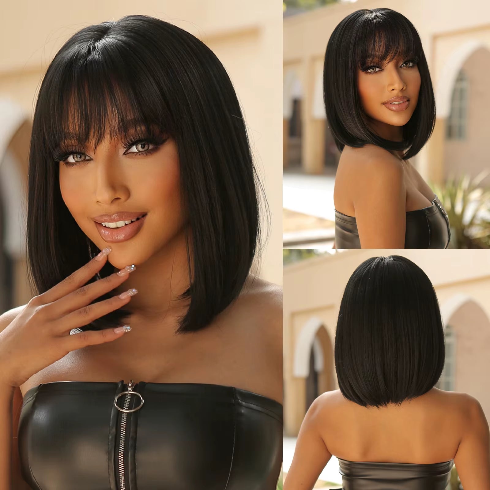 Bob Short Straight Synthetic Wigs with Bangs Black Hair Wigs for Women Daily Cosplay Party Wigs Heat Resistant