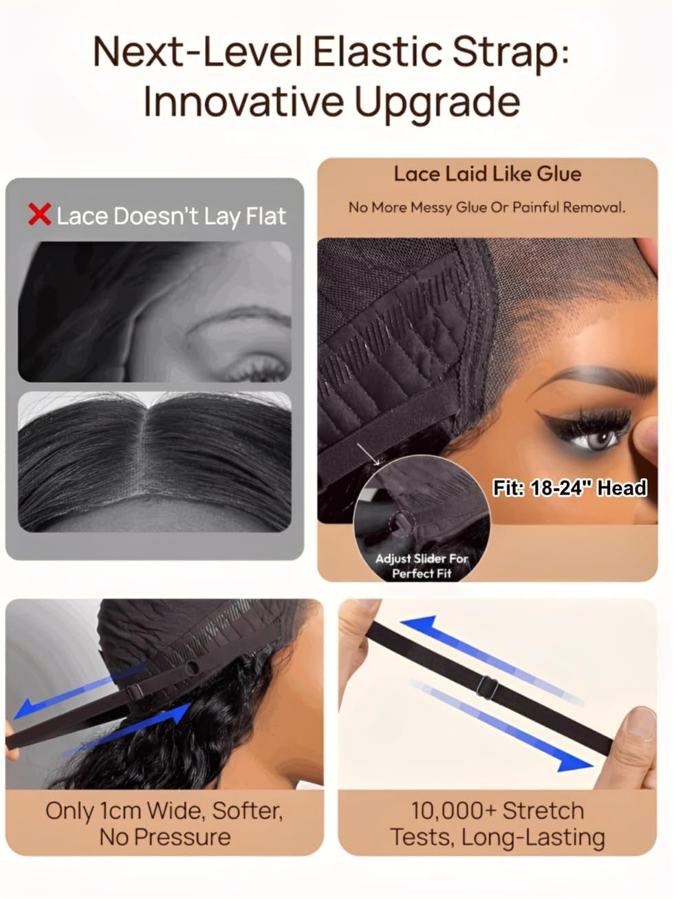 Bye Bye Slip Wig Black Yaki Straight 7X5 Lace Front Drawstring Wigs Human Hair Flexible Mesh Cap with Secure Silicone Strips Bye Bye Knots Glueless Wig Pre Plucked Pre Cut 16 Inch