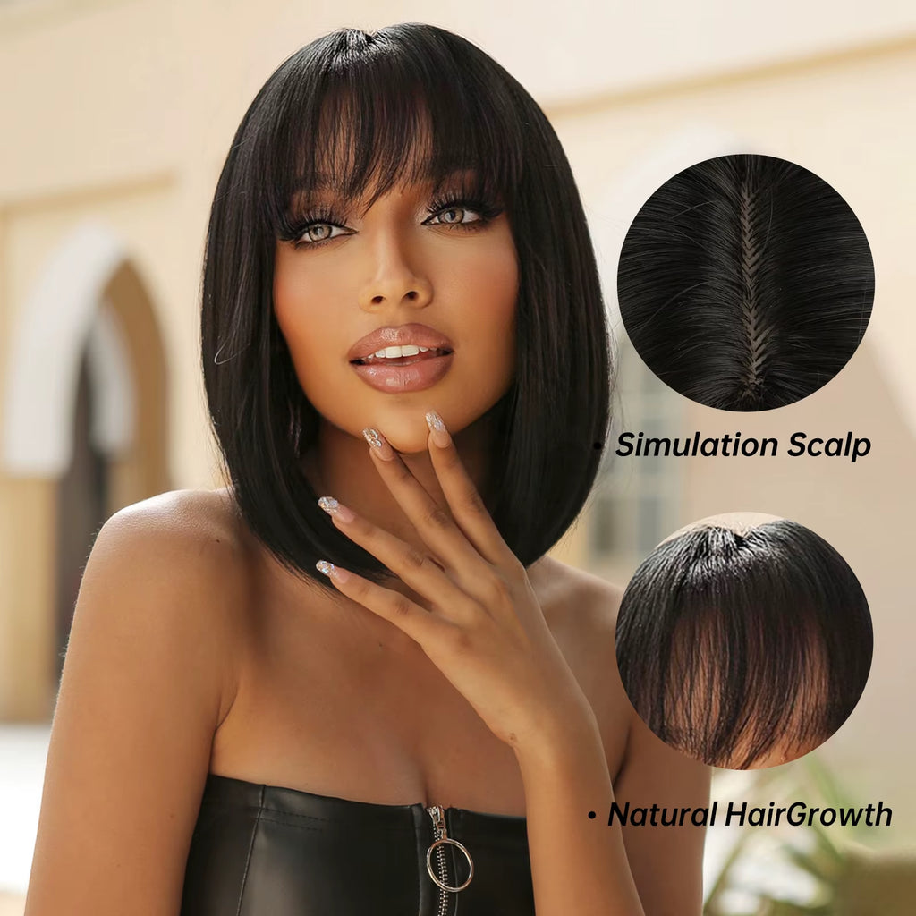 Bob Short Straight Synthetic Wigs with Bangs Black Hair Wigs for Women Daily Cosplay Party Wigs Heat Resistant