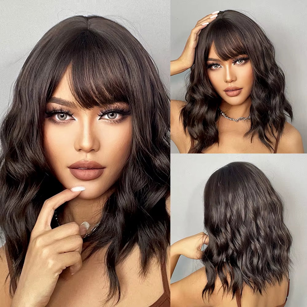 Brown to Blonde Ombre Synthetic Hair Wigs Short Bob Natural Wigs with Bangs for Women Heat Resistant Cosplay Wigs