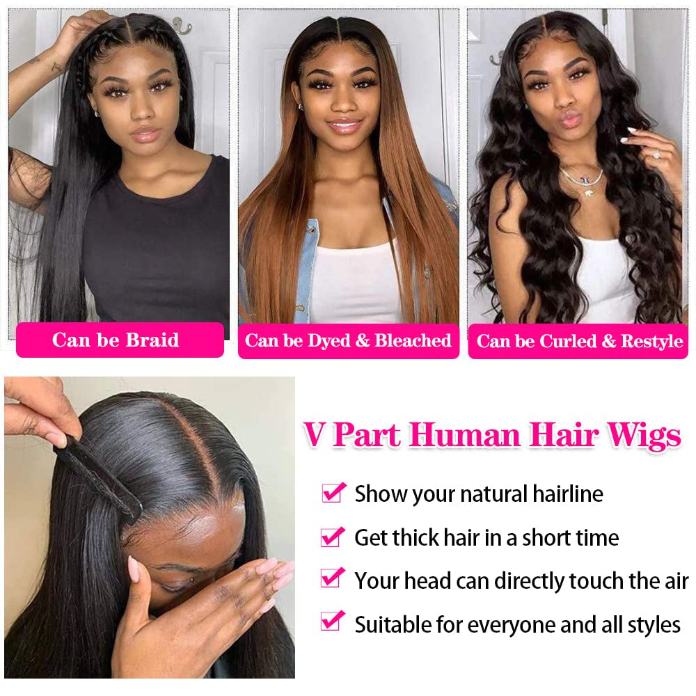 V Part Wigs Human Hair No Leave Out Lace Front Wigs Upgrade U Part Wigs V Shape Wigs Brazilian Virgin Straight Human Hair Wigs for Women 180% Density Natural Black 18Inch