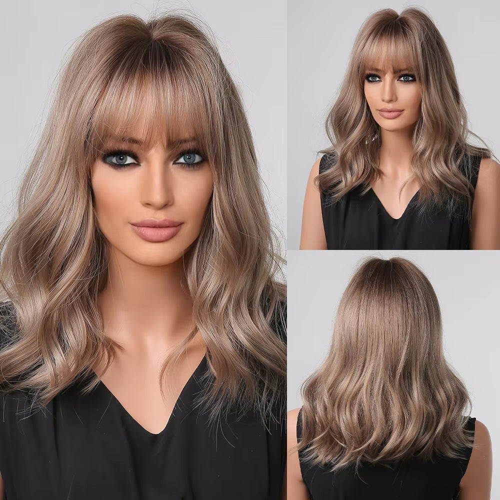 Brown to Blonde Ombre Synthetic Hair Wigs Short Bob Natural Wigs with Bangs for Women Heat Resistant Cosplay Wigs