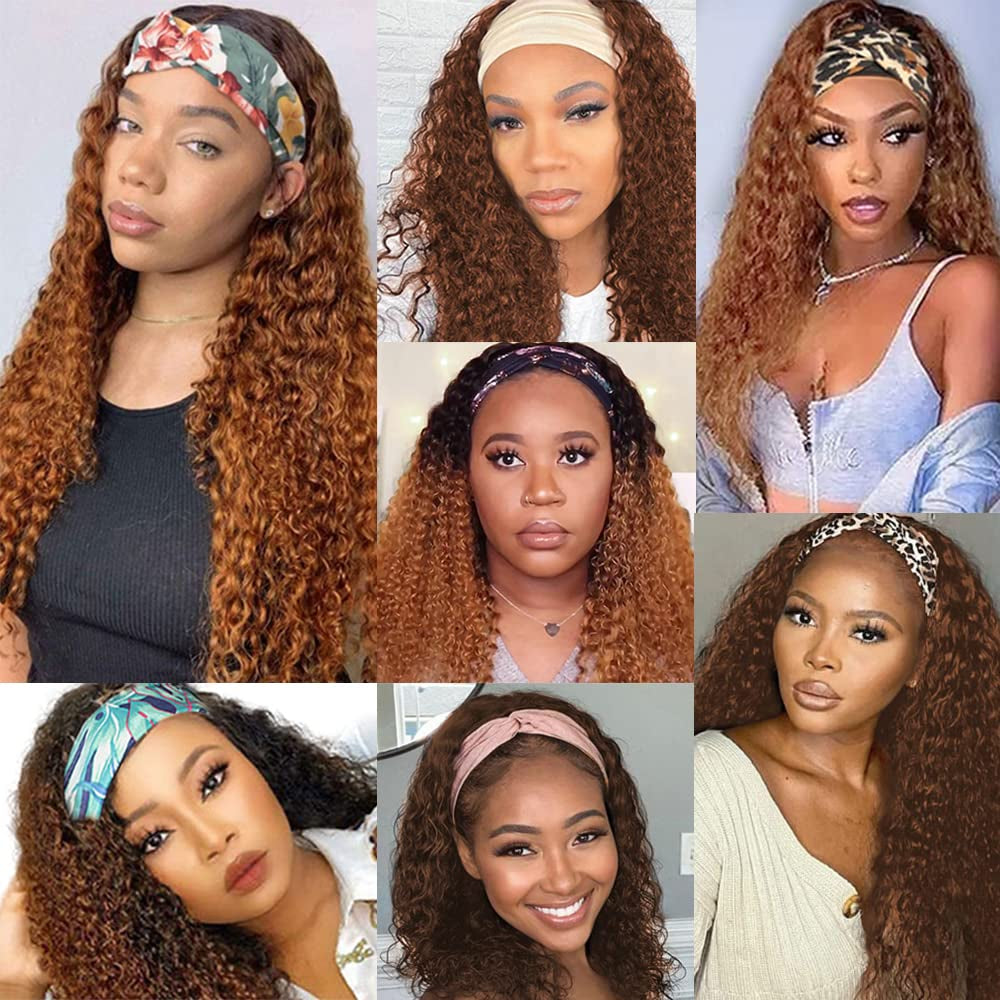 1B30 Deep Wave Headband Wig Ombre Brown Human Hair Headband Wig 130% Density Grade 8A Brazilian Remy Hair Machine Made Wigs Dark Brown Color 16 Inch