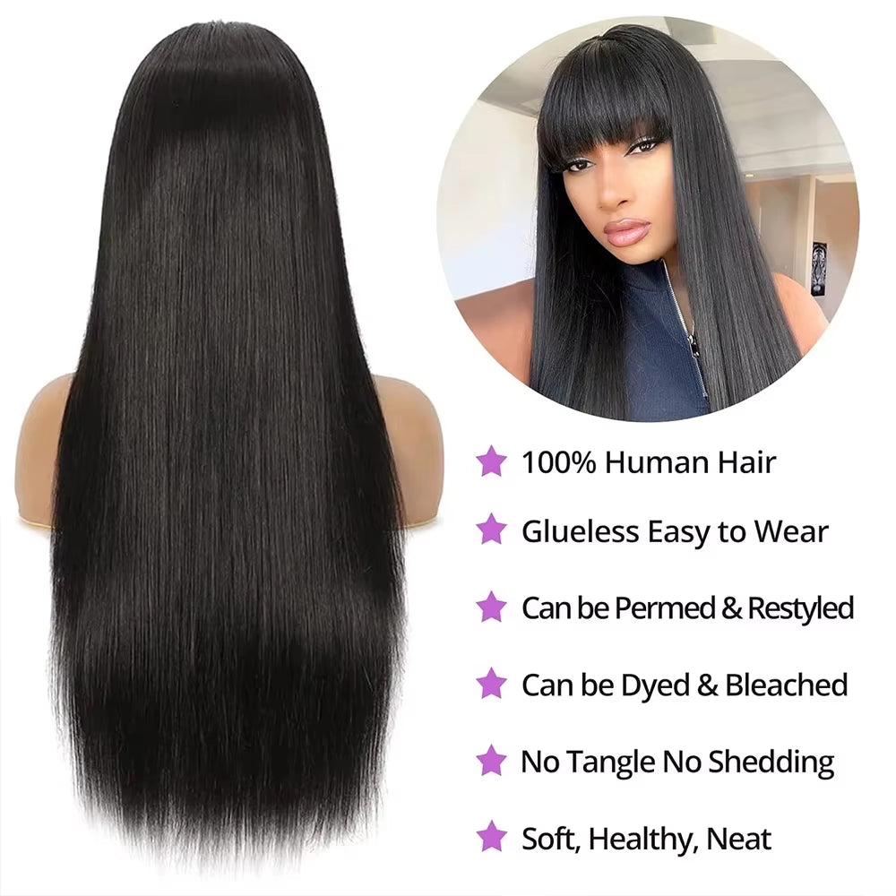 Straight Human Hair Wigs with Bangs Full Machine Made Wig Cheap Brazilian Hair Wigs Short Bob Wigs 250 Density Wigs