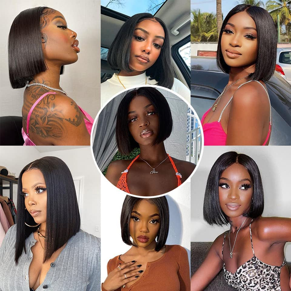 Bob Wig Human Hair Wigs for Black Women Straight Short Bob 5X5X1 Glueless HD Lace Front Wigs Human Hair Pre Plucked Bleached Knots with Baby Hair Natural Hairline (12Inches, Straight Bob Wig)