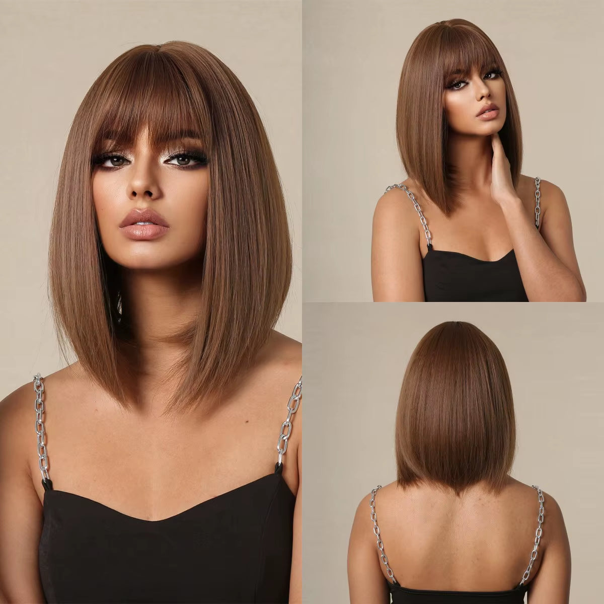 Brown to Blonde Ombre Synthetic Hair Wigs Short Bob Natural Wigs with Bangs for Women Heat Resistant Cosplay Wigs