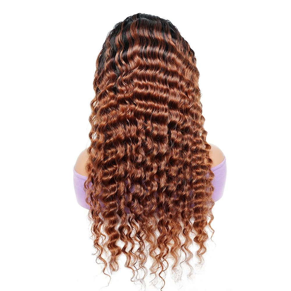 1B30 Deep Wave Headband Wig Ombre Brown Human Hair Headband Wig 130% Density Grade 8A Brazilian Remy Hair Machine Made Wigs Dark Brown Color 16 Inch