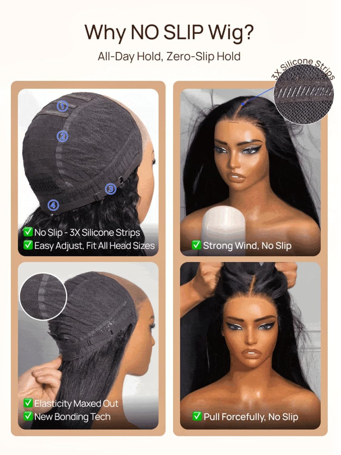 Bye Bye Slip Wig Black Yaki Straight 7X5 Lace Front Drawstring Wigs Human Hair Flexible Mesh Cap with Secure Silicone Strips Bye Bye Knots Glueless Wig Pre Plucked Pre Cut 16 Inch