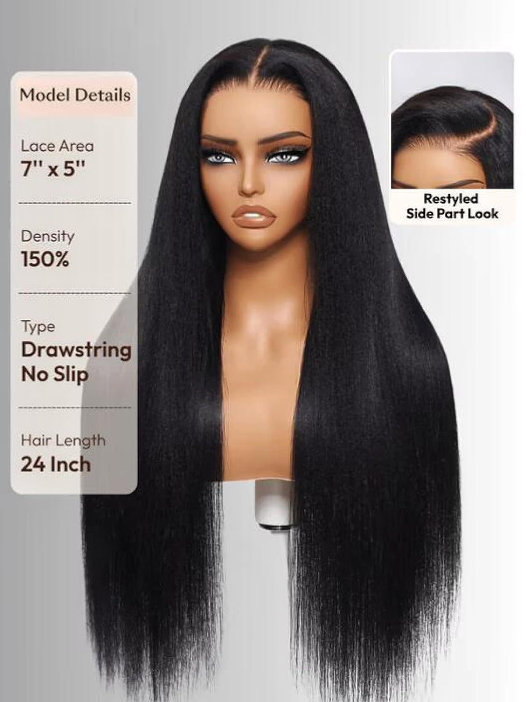 Bye Bye Slip Wig Black Yaki Straight 7X5 Lace Front Drawstring Wigs Human Hair Flexible Mesh Cap with Secure Silicone Strips Bye Bye Knots Glueless Wig Pre Plucked Pre Cut 16 Inch