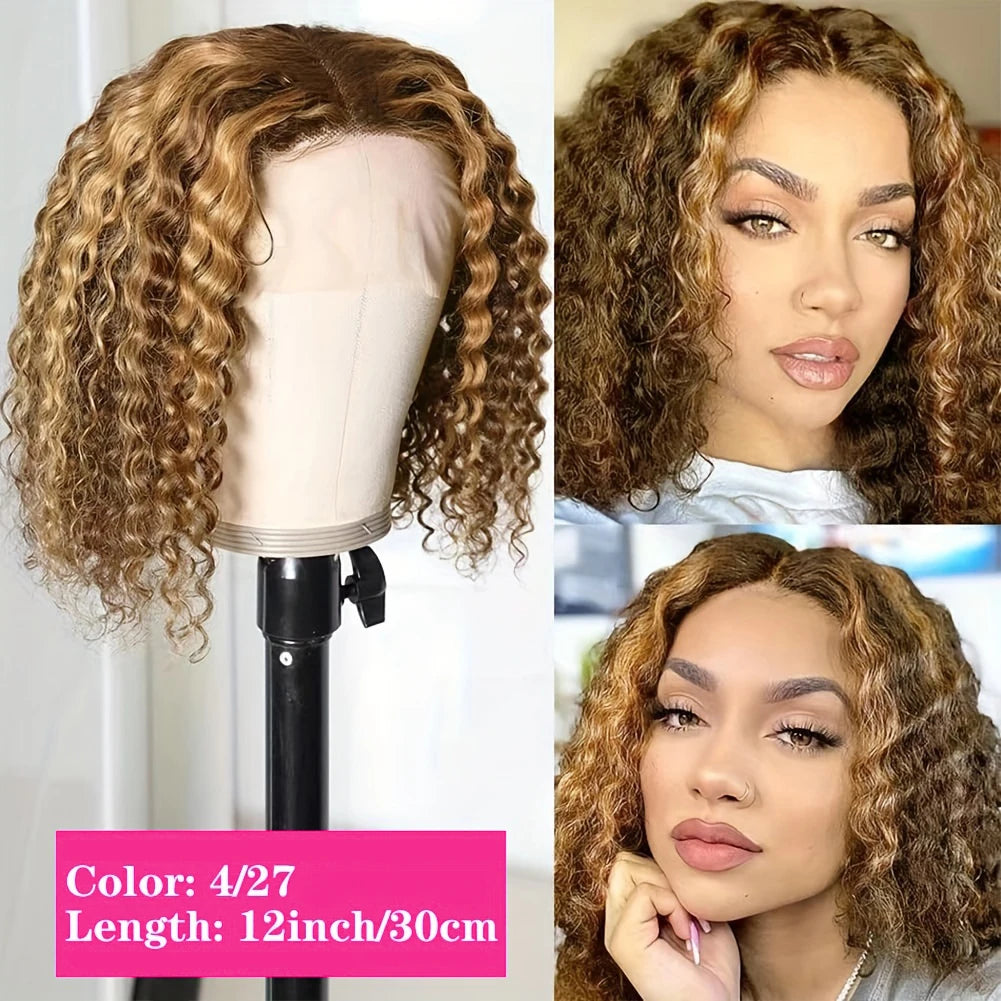 100% Human Hair Curly Short Bob Wig with 4/27 Honey Blonde 13x4 Lace Front Deep Wave Virgin Hair 200% Density Deep Wave Bob Wigs