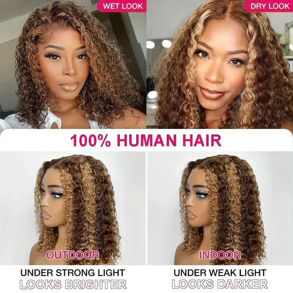 100% Human Hair Curly Short Bob Wig with 4/27 Honey Blonde 13x4 Lace Front Deep Wave Virgin Hair 200% Density Deep Wave Bob Wigs
