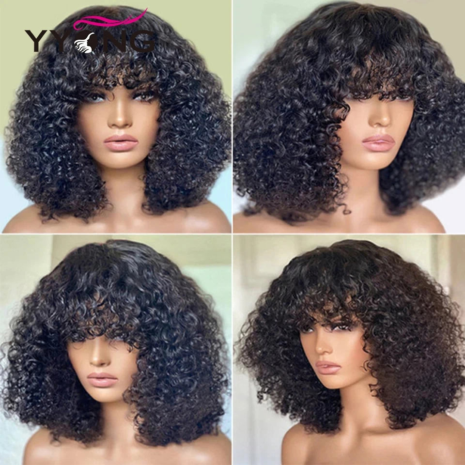 Curly Short Bob Cut Human Hair Wigs With Bangs Bob Wig Kinky Curly Wigs Human Hair Bob With Bang For Women Full Machine Made Wig