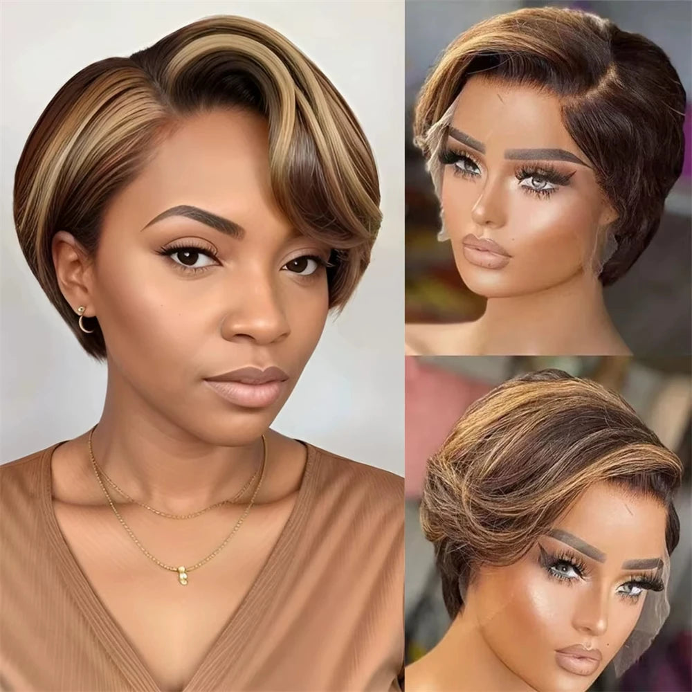 4/27 Straight Pixie Cut Human Hair Wigs Colored Short Pixie Cut Preplucked Wig Honey Blonde Hair 13x4 Lace Front Human Hair Wig