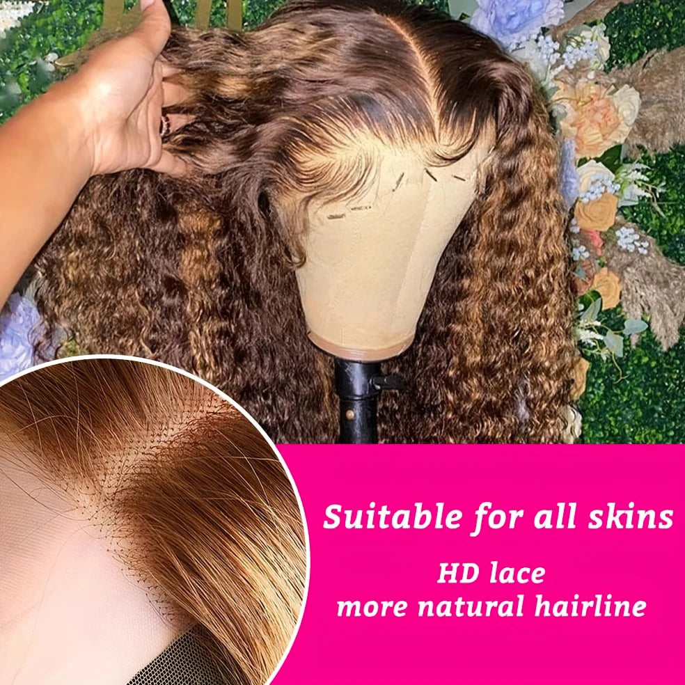 100% Human Hair Curly Short Bob Wig with 4/27 Honey Blonde 13x4 Lace Front Deep Wave Virgin Hair 200% Density Deep Wave Bob Wigs