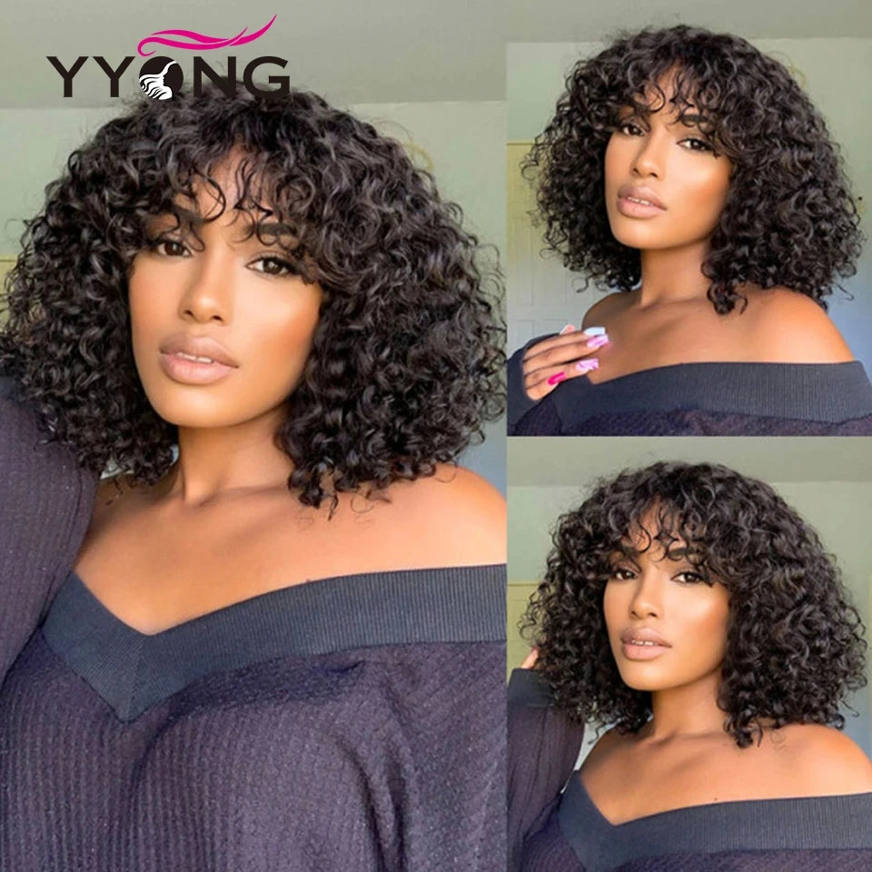 Curly Short Bob Cut Human Hair Wigs With Bangs Bob Wig Kinky Curly Wigs Human Hair Bob With Bang For Women Full Machine Made Wig