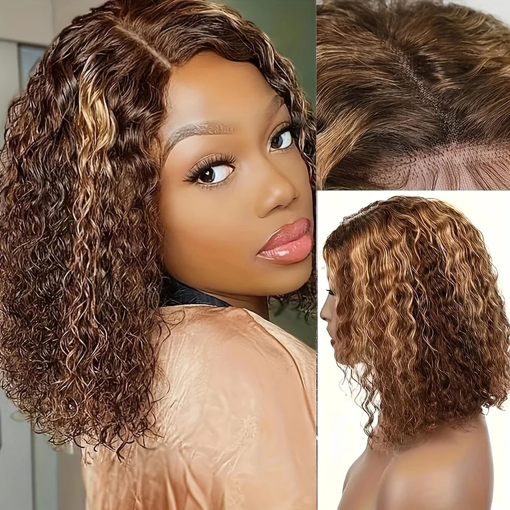 100% Human Hair Curly Short Bob Wig with 4/27 Honey Blonde 13x4 Lace Front Deep Wave Virgin Hair 200% Density Deep Wave Bob Wigs
