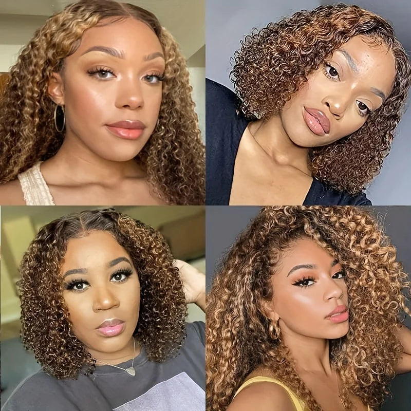 100% Human Hair Curly Short Bob Wig with 4/27 Honey Blonde 13x4 Lace Front Deep Wave Virgin Hair 200% Density Deep Wave Bob Wigs