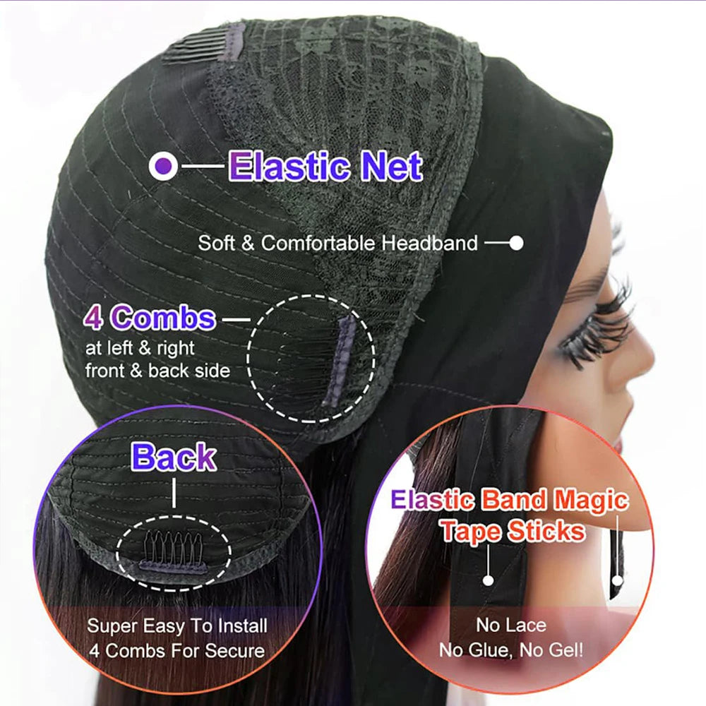 Bone Straight Headband Wigs Human Hair Pull & Go 250 Density Half Wigs Human Hair Wigs Headband Glueless Wigs Human Hair Wig