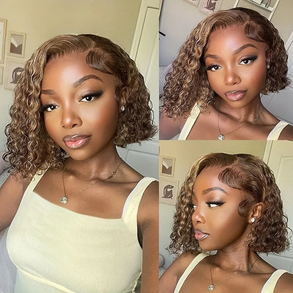 100% Human Hair Curly Short Bob Wig with 4/27 Honey Blonde 13x4 Lace Front Deep Wave Virgin Hair 200% Density Deep Wave Bob Wigs