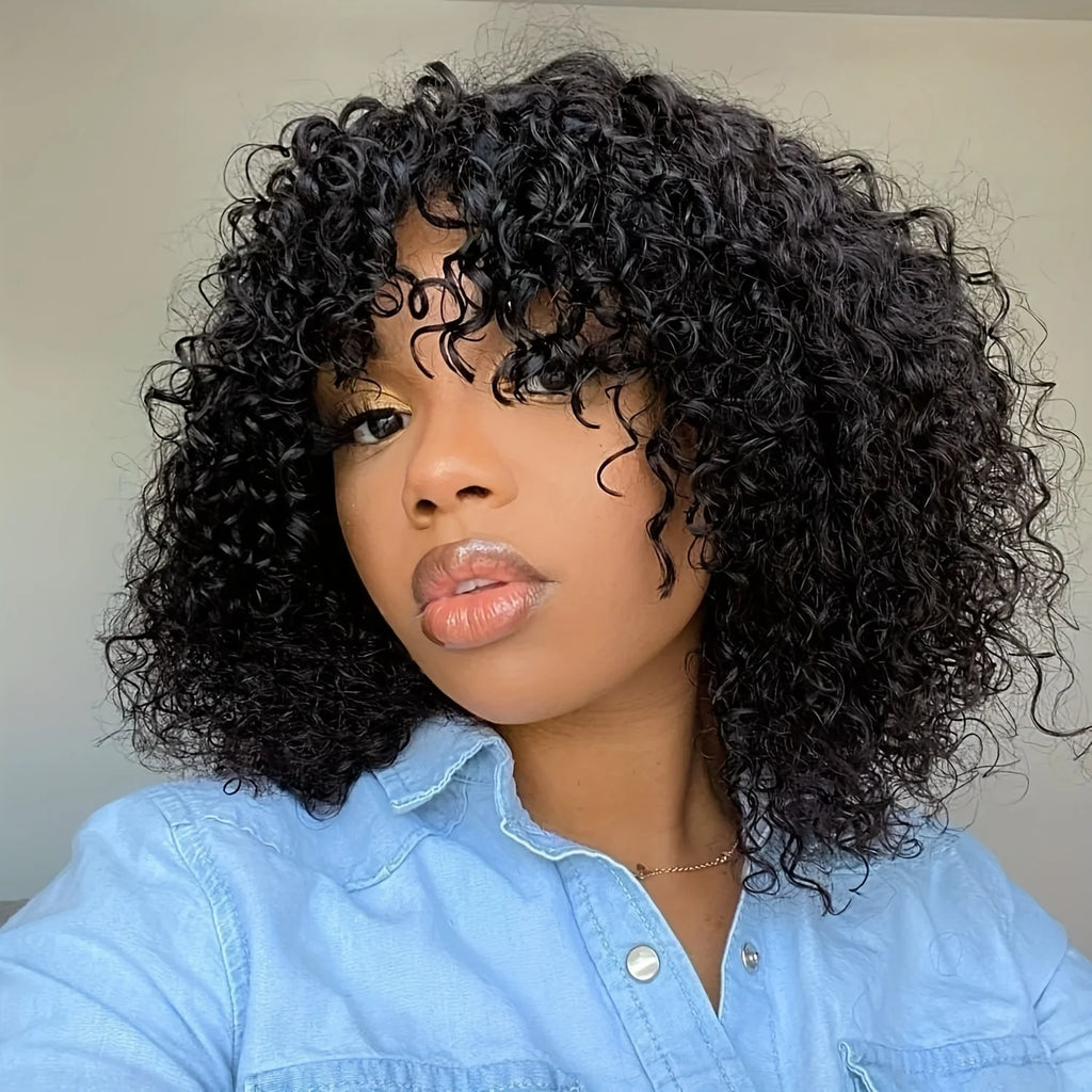 Curly Short Bob Cut Human Hair Wigs With Bangs Bob Wig Kinky Curly Wigs Human Hair Bob With Bang For Women Full Machine Made Wig