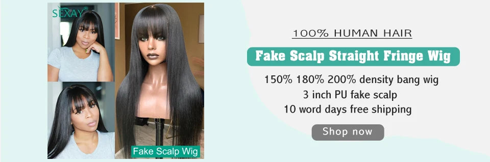 Sexay Scalp Bang Human Hair Wig Raw Indian Straight Human Hair Fringe Wigs Fake Scalp 8-24 Inch 200 Density Human Wigs For Women