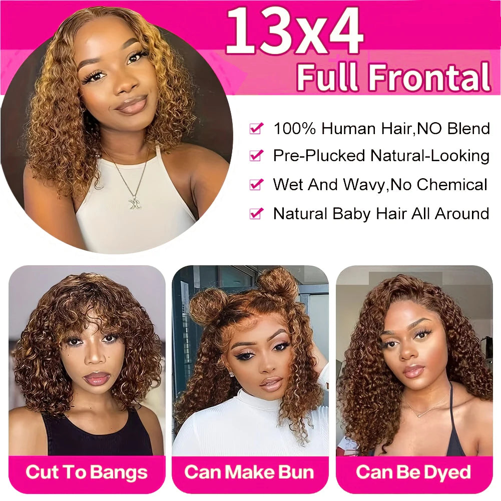 100% Human Hair Curly Short Bob Wig with 4/27 Honey Blonde 13x4 Lace Front Deep Wave Virgin Hair 200% Density Deep Wave Bob Wigs