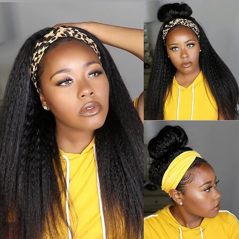 Kinky Straight Headband Wigs Human Hair Pull & Go Half Wigs Human Hair Yaki Straight Headband Glueless Wigs Human Hair Wigs