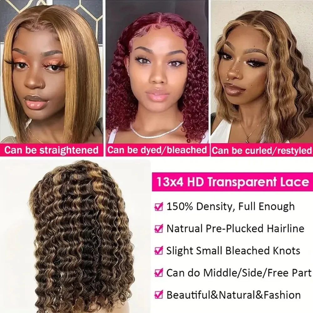 100% Human Hair Curly Short Bob Wig with 4/27 Honey Blonde 13x4 Lace Front Deep Wave Virgin Hair 200% Density Deep Wave Bob Wigs