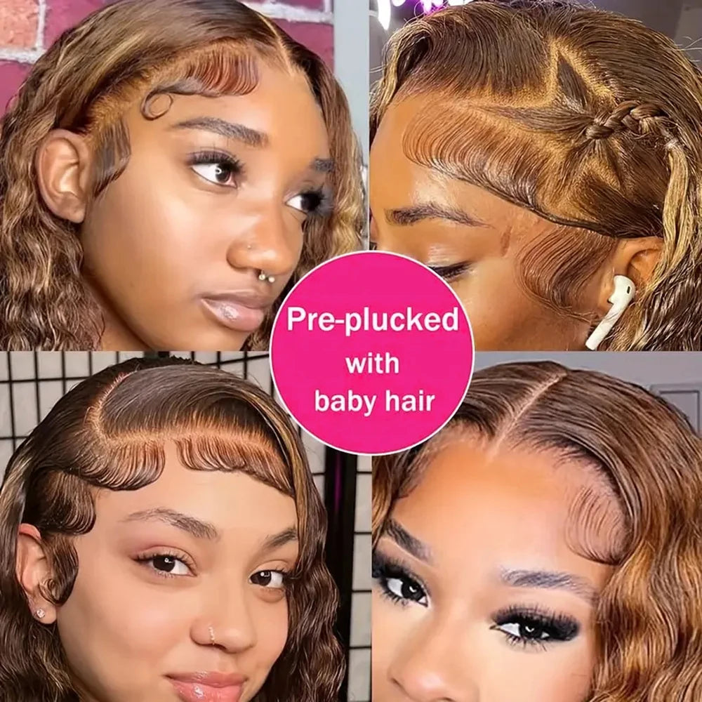 100% Human Hair Curly Short Bob Wig with 4/27 Honey Blonde 13x4 Lace Front Deep Wave Virgin Hair 200% Density Deep Wave Bob Wigs