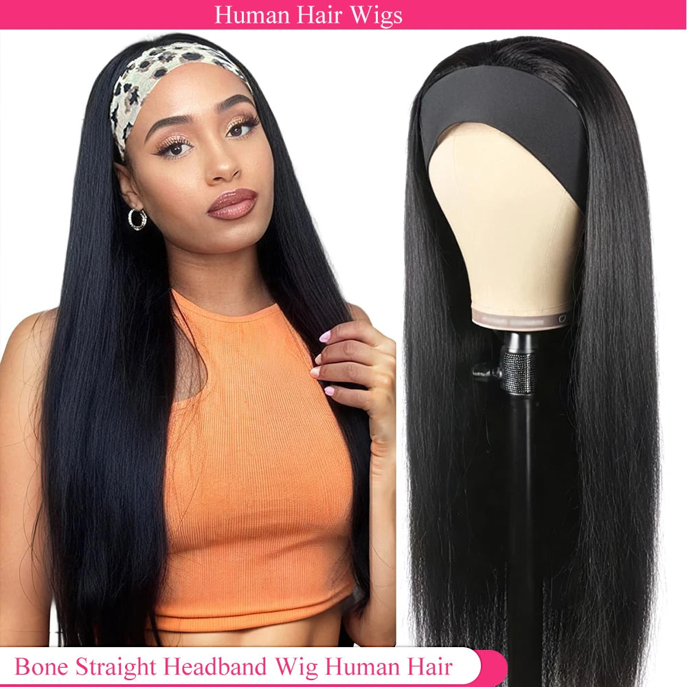Bone Straight Headband Wigs Human Hair Pull & Go 250 Density Half Wigs Human Hair Wigs Headband Glueless Wigs Human Hair Wig