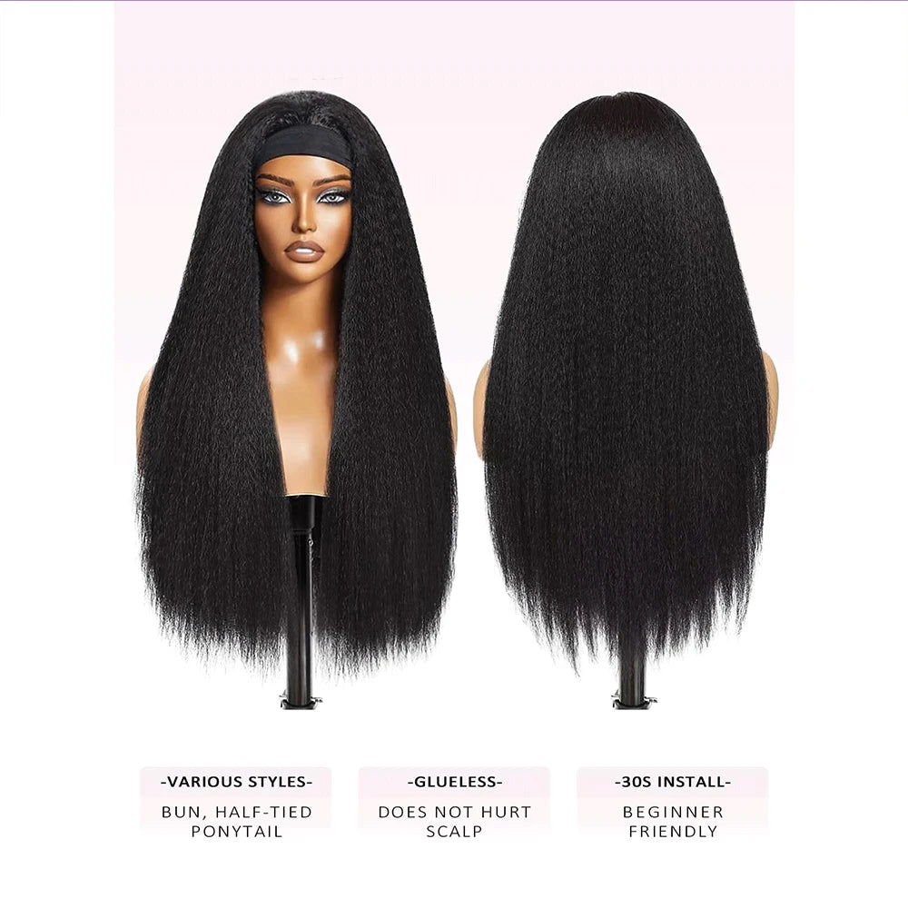 Kinky Straight Headband Wigs Human Hair Pull & Go Half Wigs Human Hair Yaki Straight Headband Glueless Wigs Human Hair Wigs